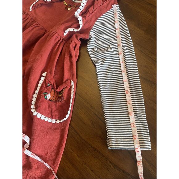 Girls Fall Dress Embroidered Faux Jumper Rust + Bl & Wh Sleeve, Cute Fit 4/5 - Picture 11 of 12